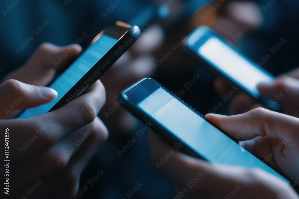 Poster a close-up view of multiple hands holding smartphones, each displaying a bright screen in a dimly li