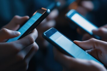 A close-up view of multiple hands holding smartphones, each displaying a bright screen in a dimly lit environment.