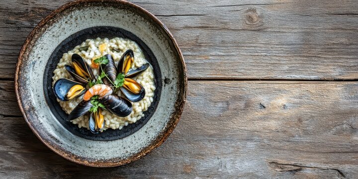 Risotto alla Pescatora seafood risotto with mussels and shrimp, plated on a rustic ceramic plate, wooden background, top view, text area included.