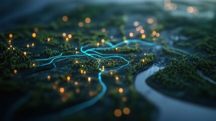 A vibrant, illuminated map showcasing waterways and greenery, highlighting urban elements and connectivity in a stylized, digital format.