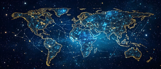 World map with glowing constellations and starry background