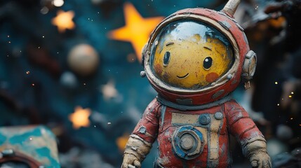 Naklejka premium A smiling astronaut doll with a red and yellow spacesuit stands before a starry background.