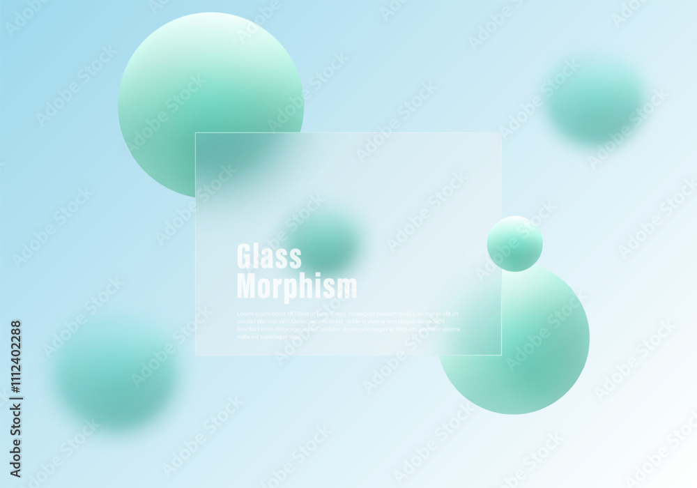 Poster glass morphism website landing page template. frosted glass partition with floating spheres.