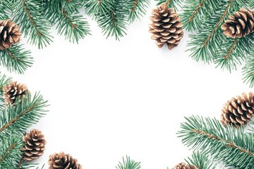 Fir twigs and pine cones arranged in a festive border style for a Christmas banner, vector art on white background
