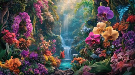 Lush tropical waterfall scene with vibrant orchids and exotic flowers.