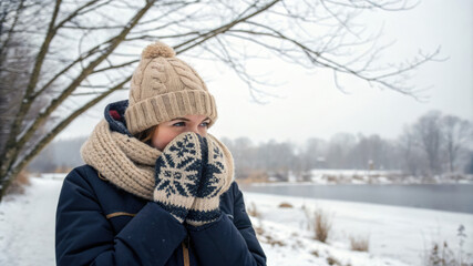 A woman in warm winter clothes amidst a snowy landscape, dreaming of a cozy home in the distance.The image evokes feelings of warmth, comfort and hope for the future