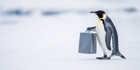 Obraz premium Charming Penguin Waddles on Ice with Shopping Bag in Its Flipper among Snowy Landscape