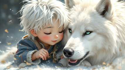 Naklejka premium Boy and White Wolf
