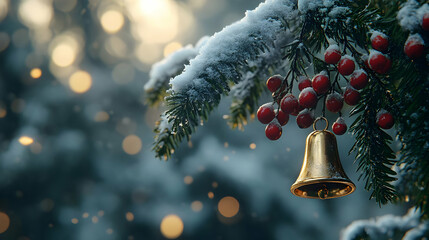 Winter Wonderland 3D Illustration: Snowy Branch with Bell