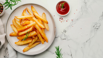 A plate of golden french fries with a sprig of rosemary on top, accompanied by a small bowl of tomato sauce decorated with another sprig of rosemary. 