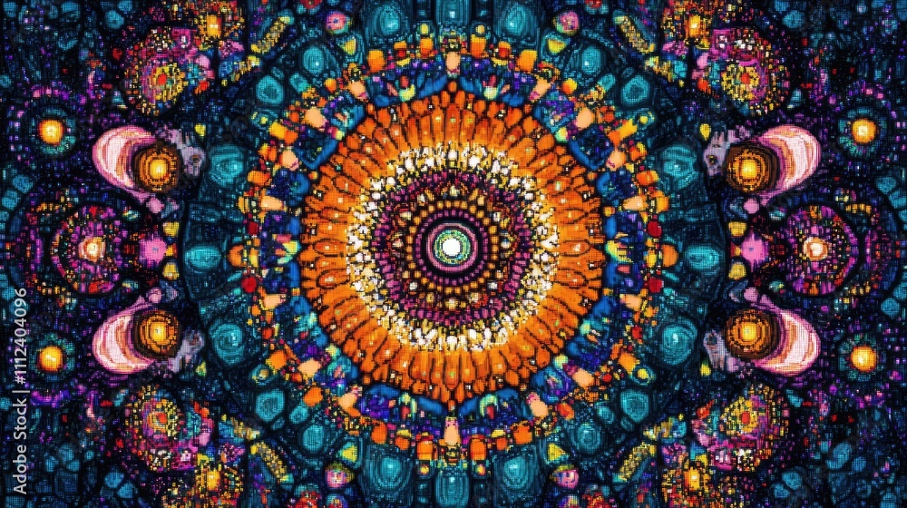 Poster a symmetrical pixel art mandala design with concentric circles, each filled with abstract shapes and