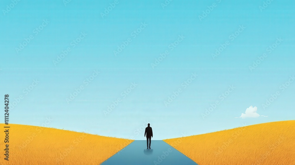 Poster A lone figure walking down a road with empty fields on both sides.