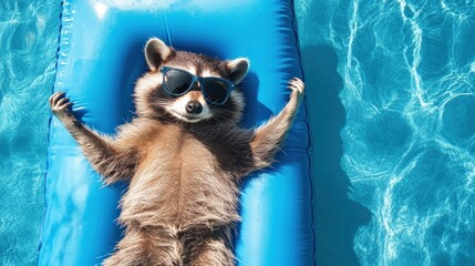 Cool raccoon relaxing on a blue inflatable raft in a swimming pool.