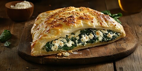 Calzone stuffed with ricotta and spinach, plated on a wooden board, top view, clean text space included.