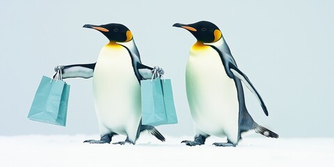 Fototapeta premium Two Penguins Waddle Side by Side Holding Shopping Bags in a Snowy Landscape