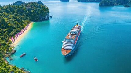 Obraz premium Aerial view of a cruise ship sailing past a tropical island beach.
