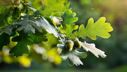 Close up green leaves of oak tree with acorns in park. Tree branch foliage. Tranquil woods, forest