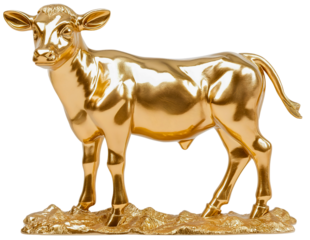 Golden calf statue isolated on a transparent background, biblical religious idol worshipped by the Israelites in the Old Testament
