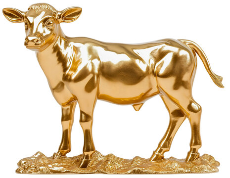 Golden calf statue isolated on a transparent background, biblical religious idol worshipped by the Israelites in the Old Testament