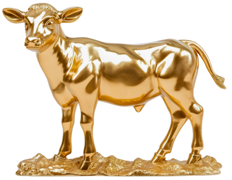 Golden calf statue isolated on a transparent background, biblical religious idol worshipped by the Israelites in the Old Testament