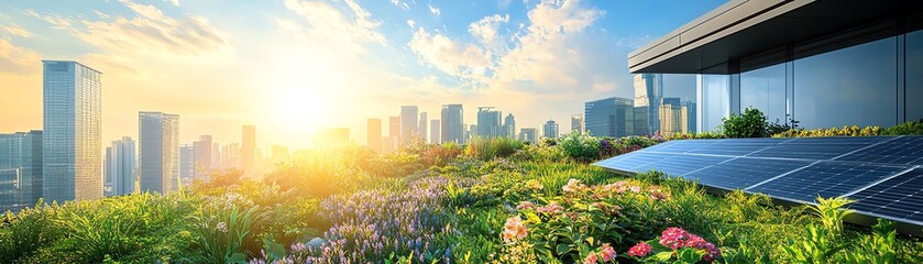 Fototapeta premium A rooftop garden with lush greenery and solar panels