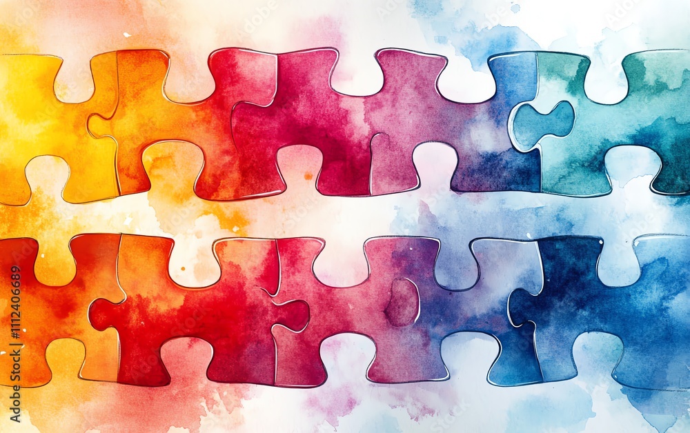 Poster abstract design of interlocking puzzle pieces with a watercolor texture