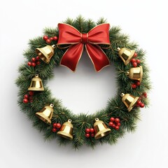 Christmas Wreath with Golden Bells and Red Bow Isolated on White Background