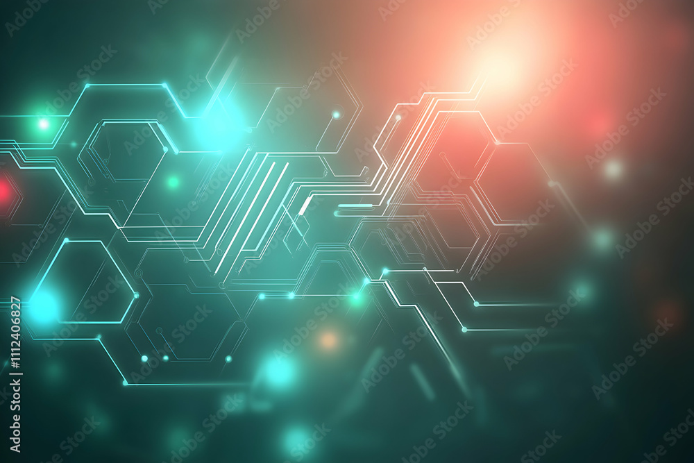 Poster abstract technology background featuring glowing circuit board design with teal and orange hues. ide