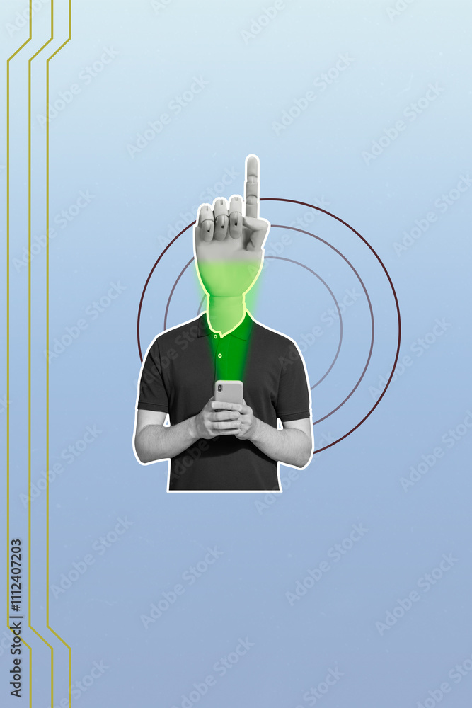 Poster vertical photo collage of anonym man instead head robotic hand point index finger hold phone ai help