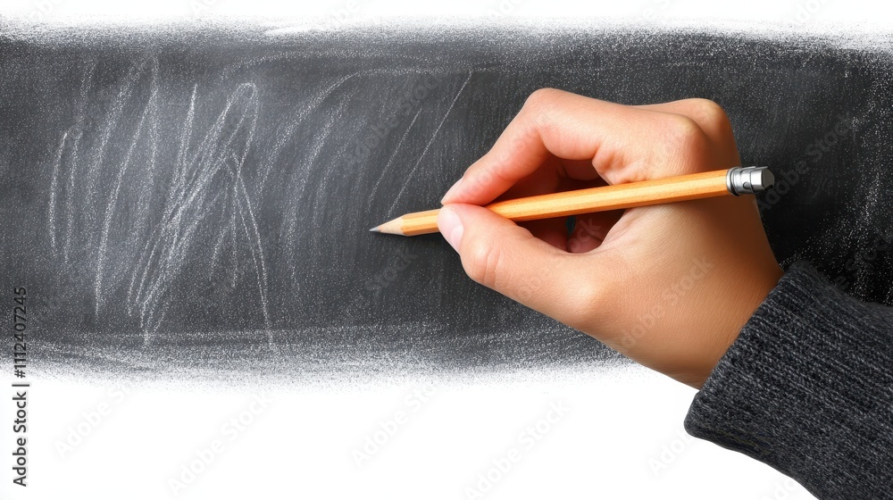 Poster student taking notes from blackboard with pencil in classroom setting