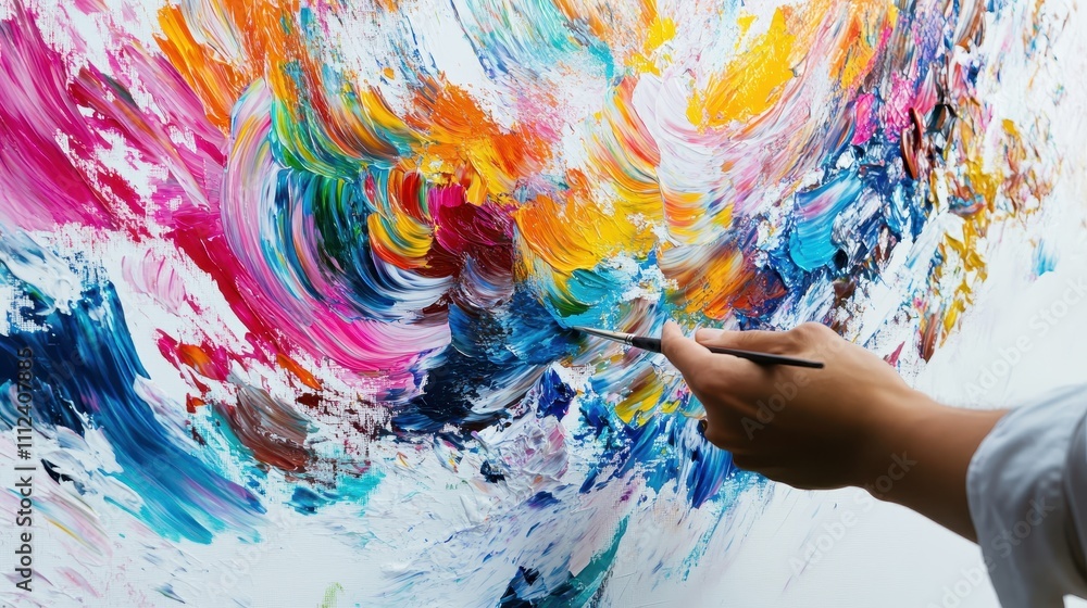 Poster artist creating vibrant abstract artwork with colorful swirls and brushstrokes in a dynamic expressi