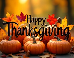 An elegant Thanksgiving-themed design featuring the words 'Happy Thanksgiving' in bold, artistic lettering. Surround the text with colorful autumn leaves in shades of red, orange, yellow, and green. 
