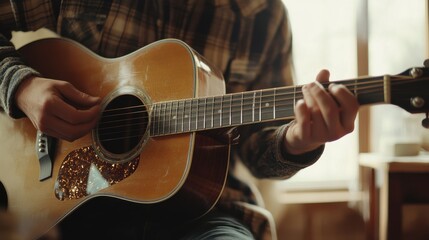 Obraz premium Musician Creating New Song While Strumming Acoustic Guitar in Cozy Room with Natural Light