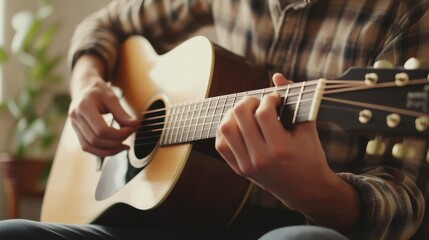 Fototapeta premium Talented Individual Creating a New Song While Strumming an Acoustic Guitar in a Cozy Indoor Environment