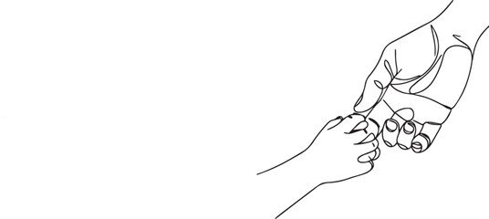 Continuous line illustration of father and son hands. One line drawing of young