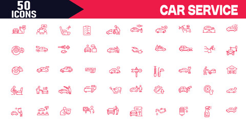  Car Service Editable Stroke Outline Icons Set ,Vector Illustration for Auto Maintenance, Repair, Garage Services, and Vehicle Parts,