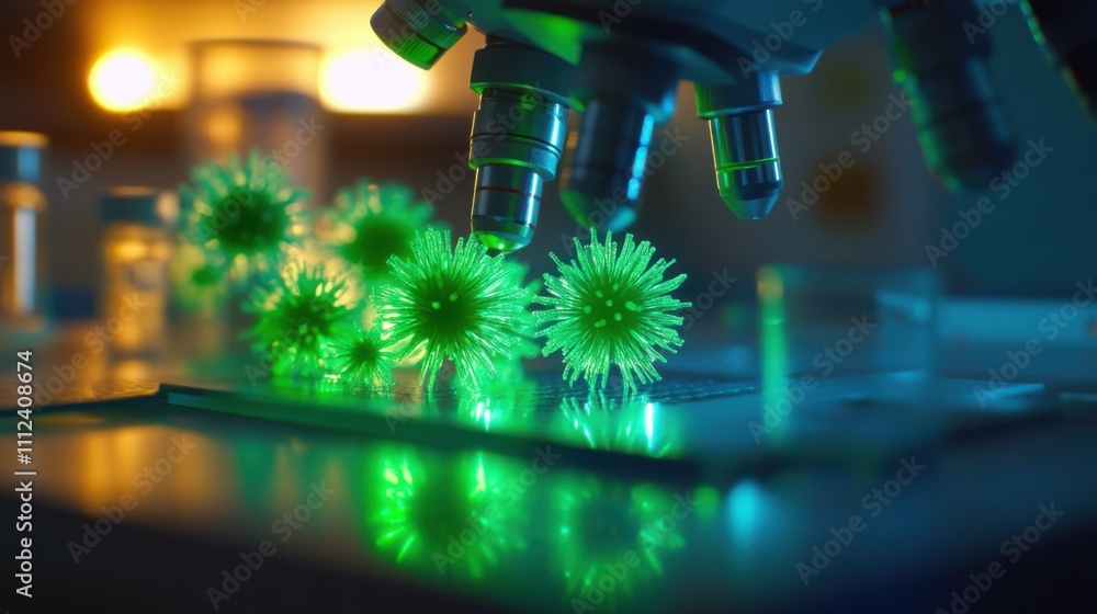 Poster close-up view of a laboratory microscope inspecting fluorescent microbial structures under green lig