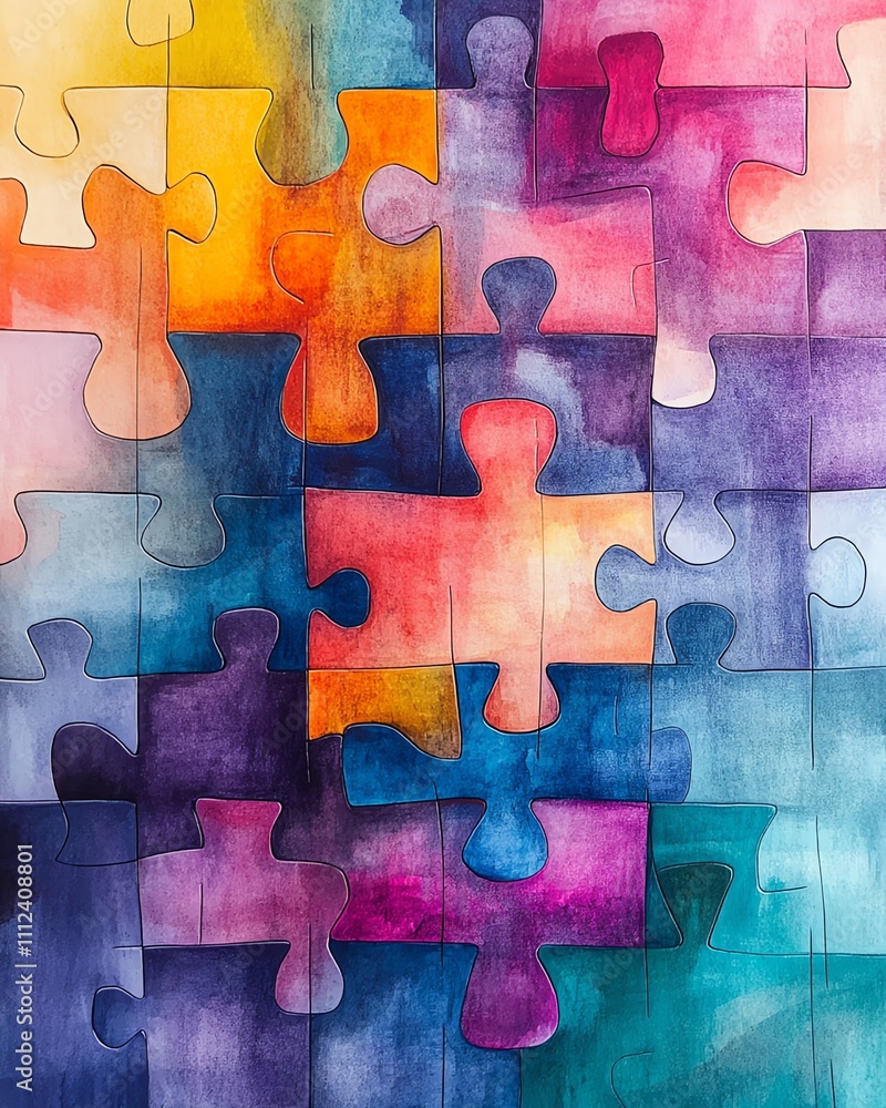 Poster a colorful abstract design of interlocking puzzle pieces with watercolor textures