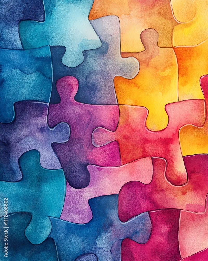 Poster a colorful abstract design of interlocking puzzle pieces with watercolor textures