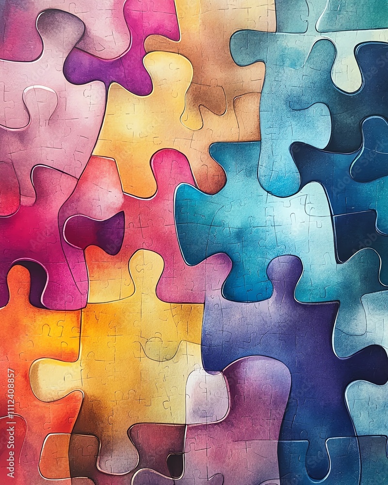 Poster a colorful abstract design of interlocking puzzle pieces with watercolor textures