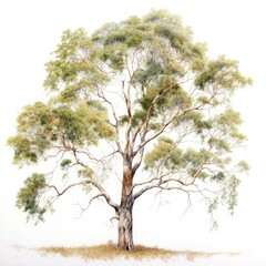 Watercolor painting of a large eucalyptus tree.