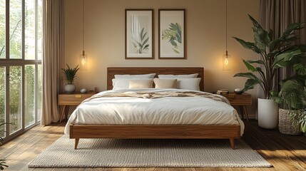 Fototapeta premium Cozy Scandinavian Bedroom with Walnut Wood Accents