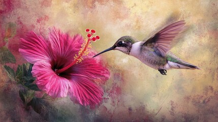 Hummingbird in flight feeding from a pink hibiscus flower on a textured background.