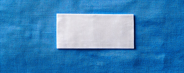 A close-up of a blank white laundry care label attached to blue textured fabric with a natural brown twine, showcasing minimalist design and soft textile details.