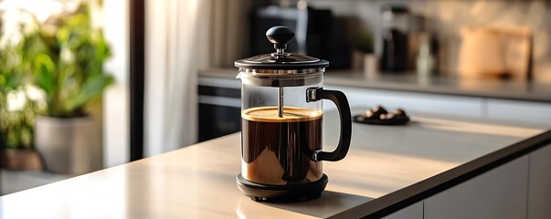 Artistic shot of a French press filled with freshly brewed coffee on a modern counter
