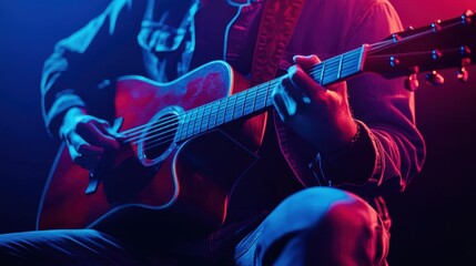 Obraz premium Musician Playing Acoustic Guitar on Stage with Dramatic Lighting Effects in Vibrant Colors