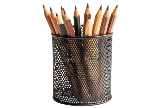 a group of pencils in a metal container