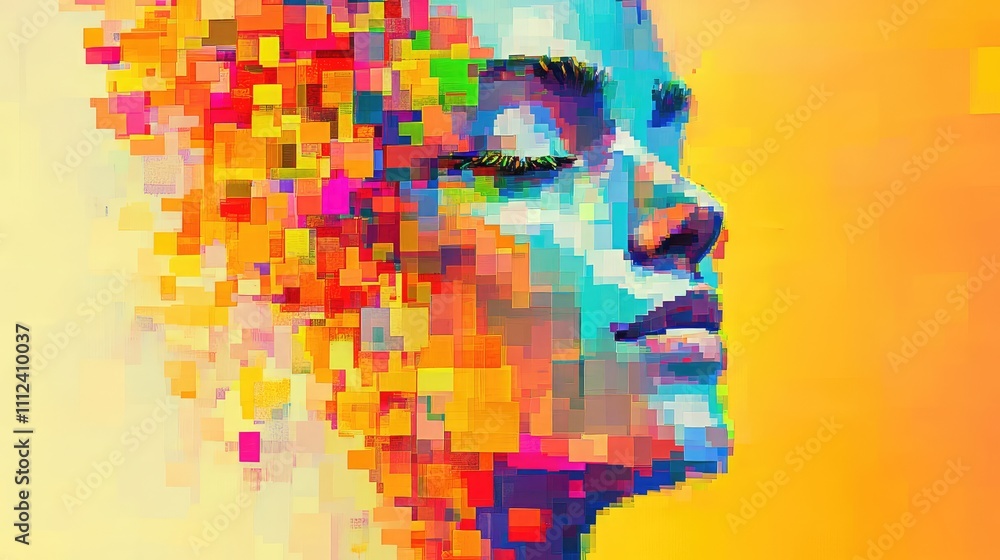 Poster a vibrant abstract pixel portrait of a person, made up of small colorful blocks with a pixelated, gl