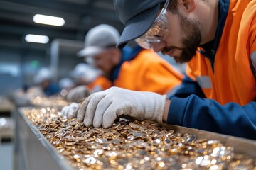 A focused worker in gloves meticulously sorts through a heap of coins, showcasing the precision and effort involved in sorting valuable items in a warehouse environment.