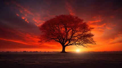 Fototapeta premium vibrant lone tree red leaves